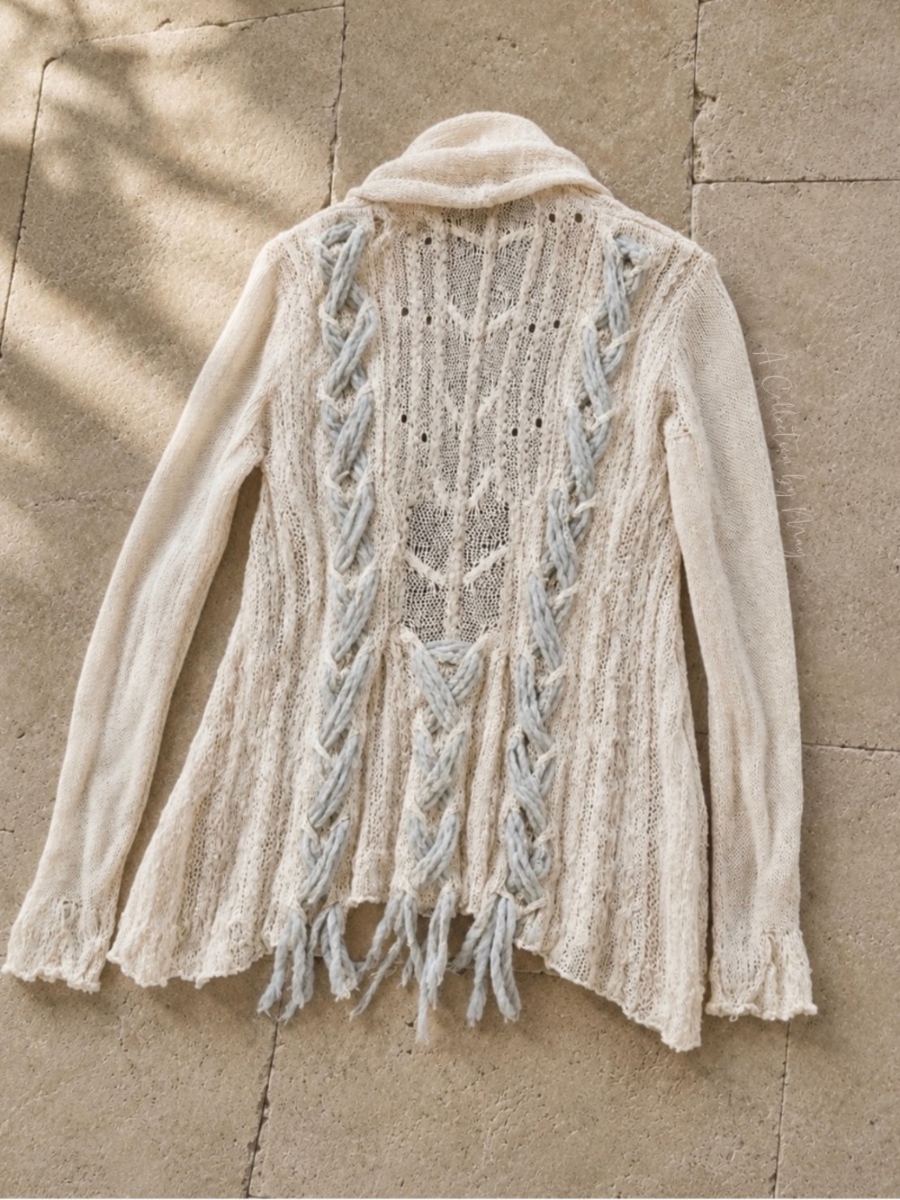 Anthropologie Knitted & Knotted Ivory Blue Braided Open Knit Cardigan XS Petite